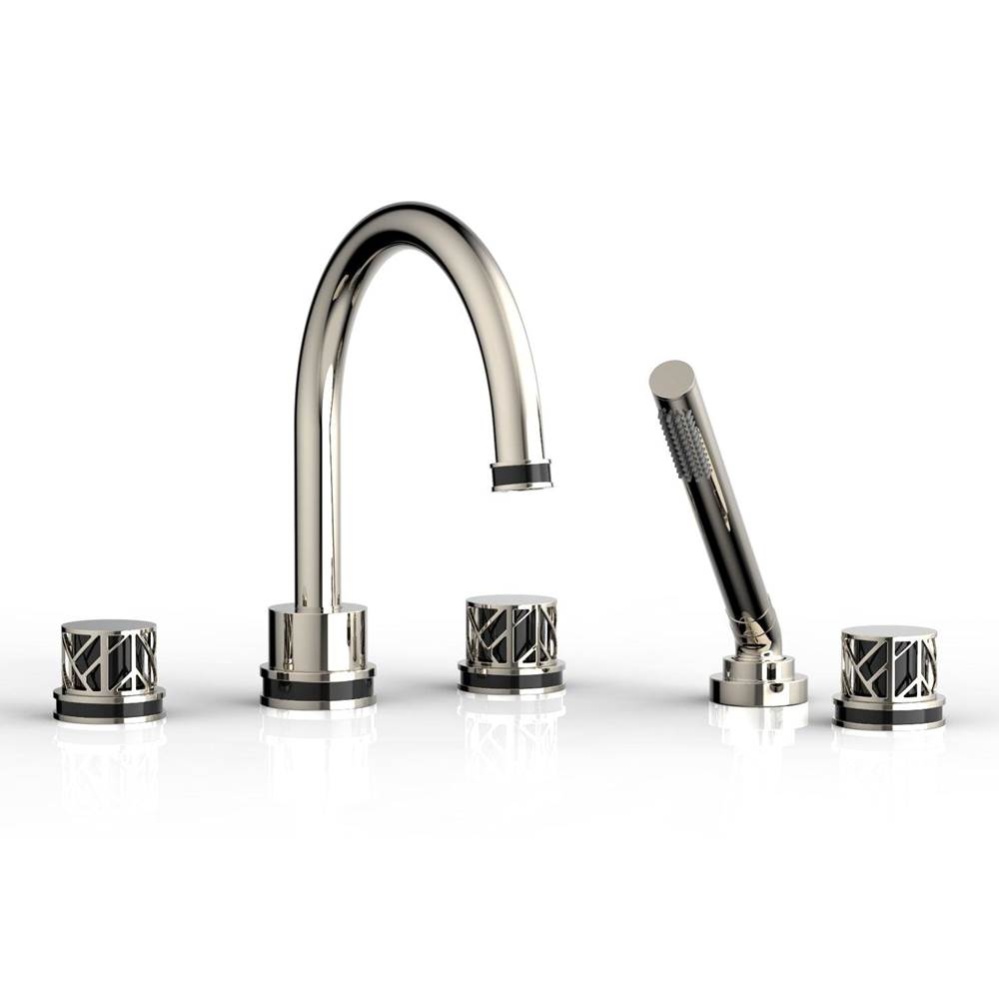 Polished Nickel Jolie 5-Hole Deck Tub Filler With Gooseneck Spout, Round Cutaway Handles, And Blac