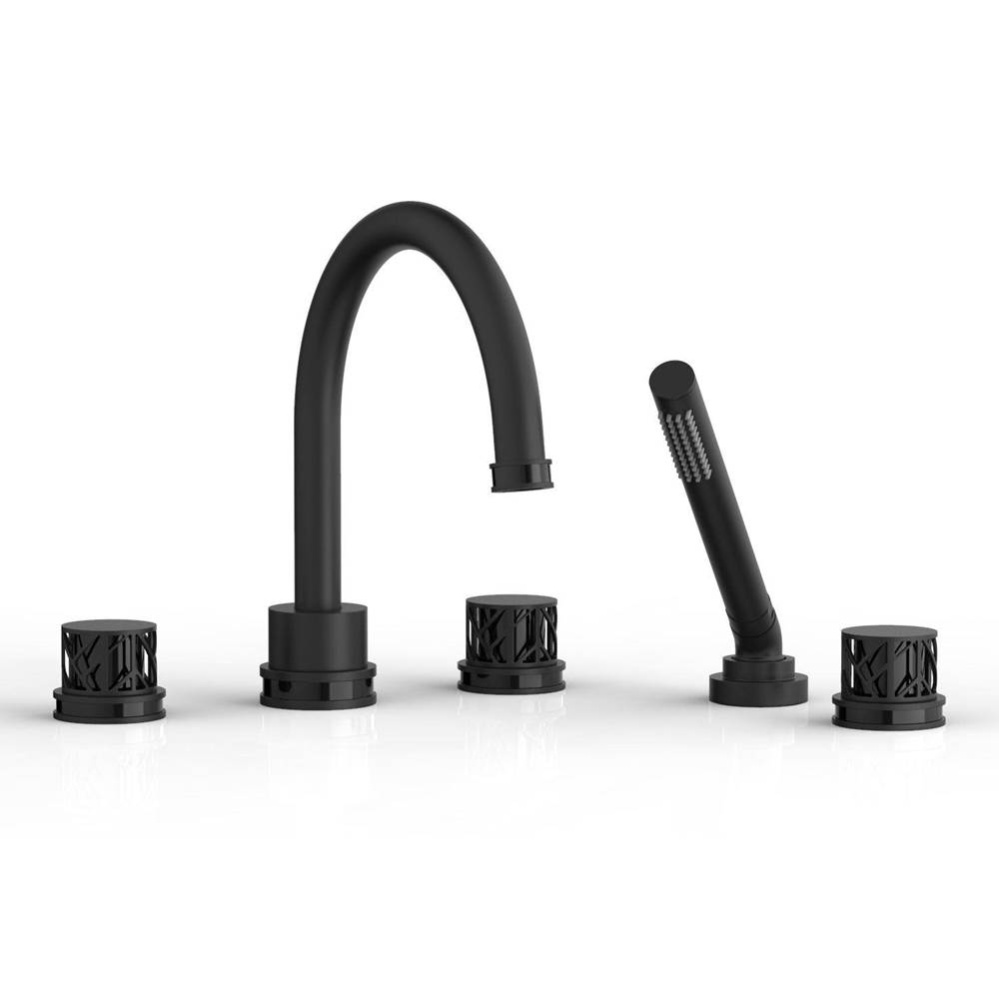 Matte Black Jolie 5-Hole Deck Tub Filler With Gooseneck Spout, Round Cutaway Handles, And Black Ac