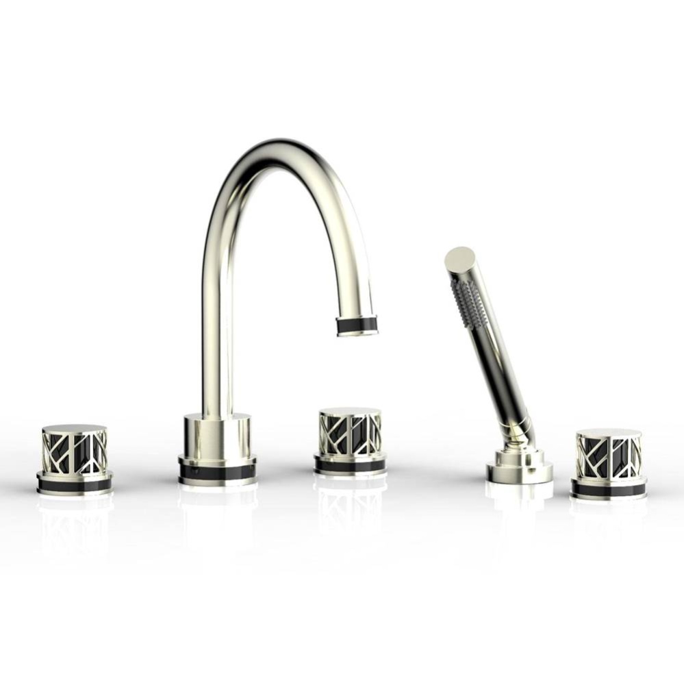 Satin Nickel Jolie 5-Hole Deck Tub Filler With Gooseneck Spout, Round Cutaway Handles, And Black A