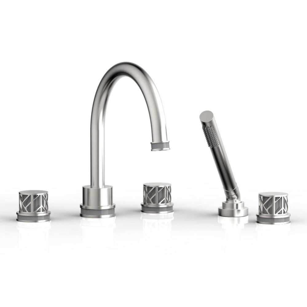 Satin Chrome Jolie 5-Hole Deck Tub Filler With Gooseneck Spout, Round Cutaway Handles, And Grey Ac