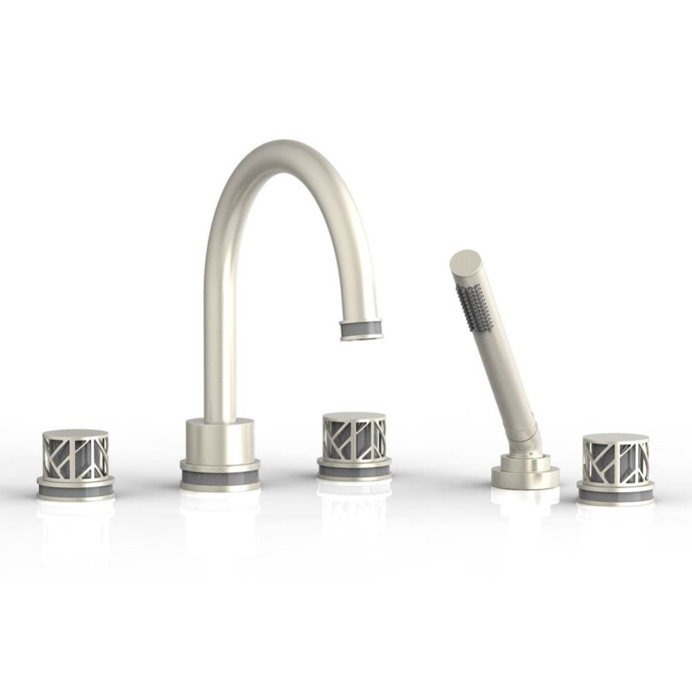 Burnished Nickel Jolie 5-Hole Deck Tub Filler With Gooseneck Spout, Round Cutaway Handles, And Gre