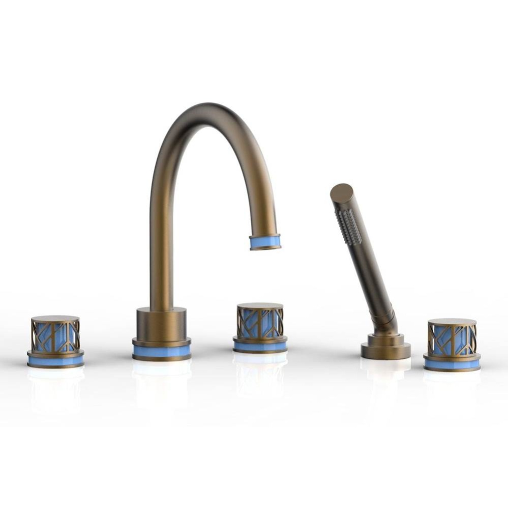 Old English Brass Jolie 5-Hole Deck Tub Filler With Gooseneck Spout, Round Cutaway Handles, And Li