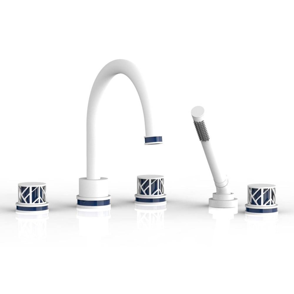 Satin White Jolie 5-Hole Deck Tub Filler With Gooseneck Spout, Round Cutaway Handles, And Navy Blu