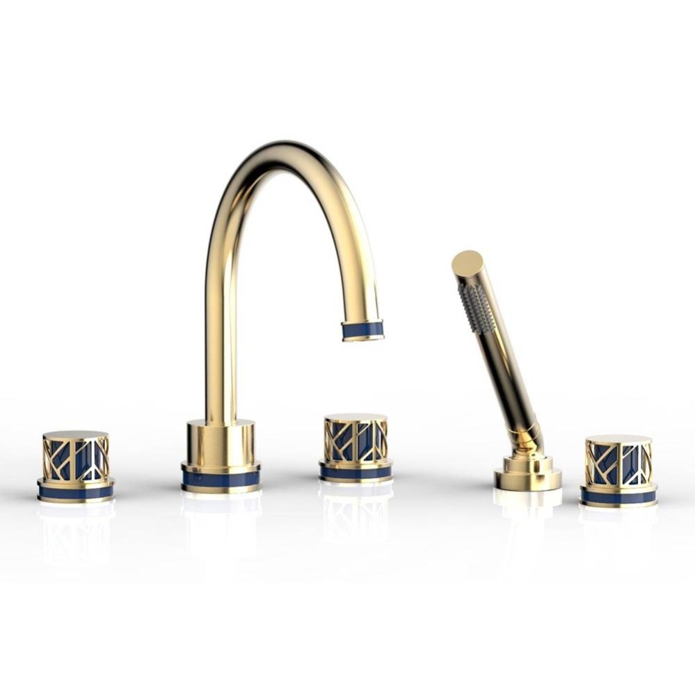 Satin Brass Jolie 5-Hole Deck Tub Filler With Gooseneck Spout, Round Cutaway Handles, And Navy Blu