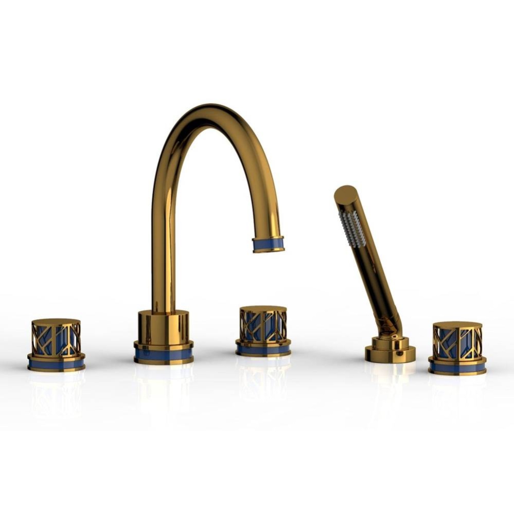 French Brass (Living Finish) Jolie 5-Hole Deck Tub Filler With Gooseneck Spout, Round Cutaway Hand