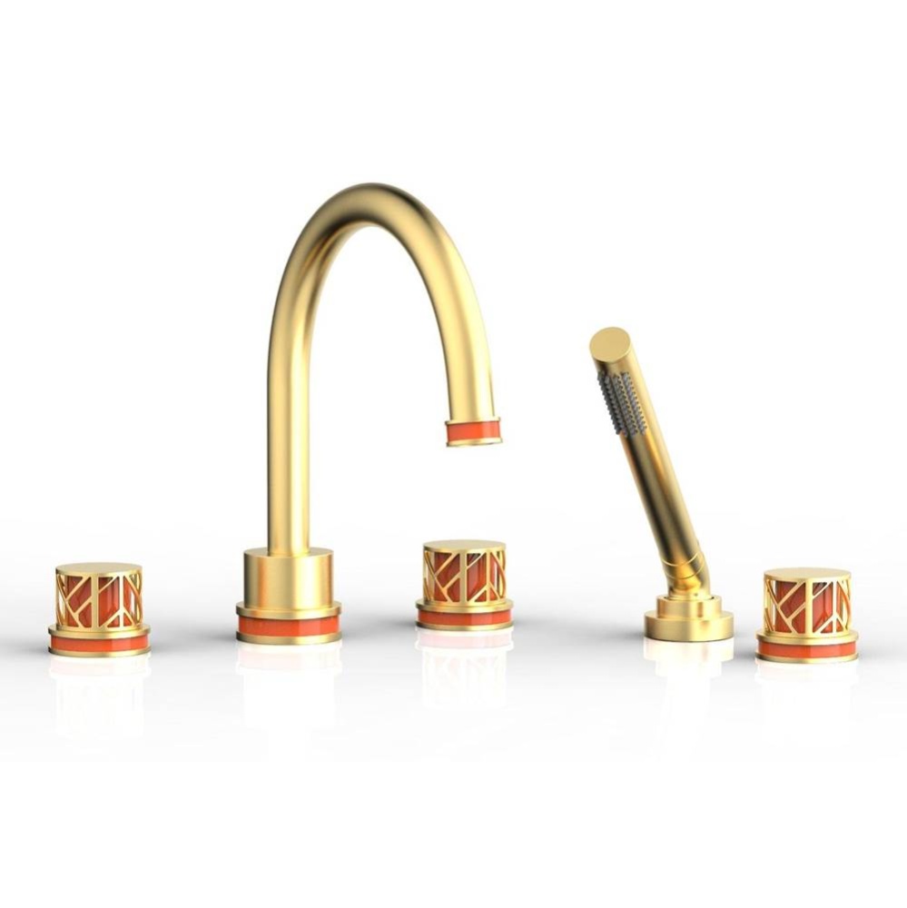 Burnished Gold Jolie 5-Hole Deck Tub Filler With Gooseneck Spout, Round Cutaway Handles, And Orang