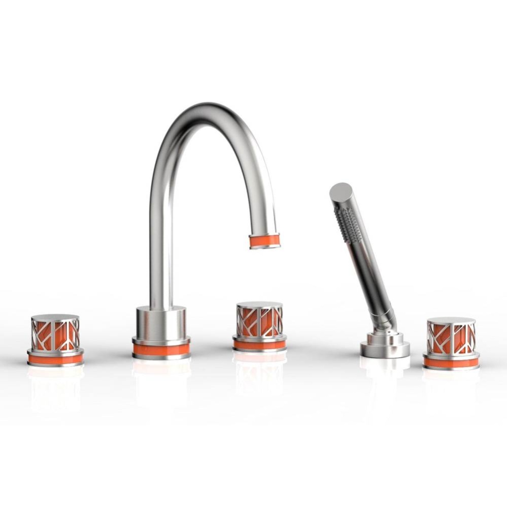 Satin Chrome Jolie 5-Hole Deck Tub Filler With Gooseneck Spout, Round Cutaway Handles, And Orange