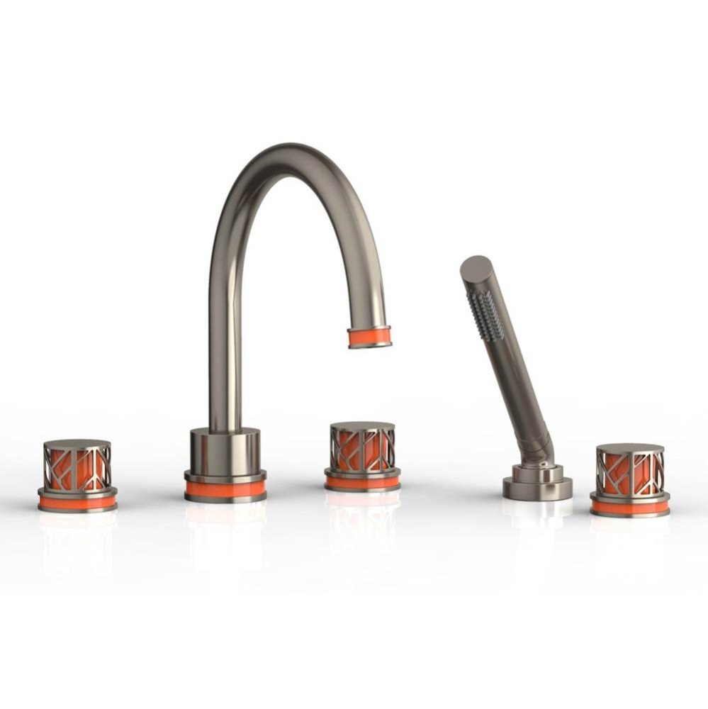 Pewter Jolie 5-Hole Deck Tub Filler With Gooseneck Spout, Round Cutaway Handles, And Orange Accent