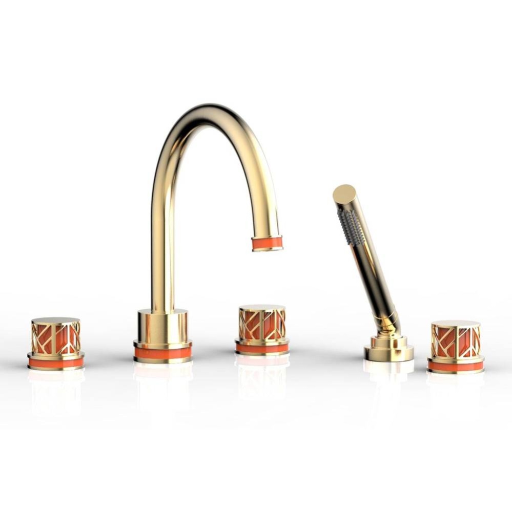 Satin Brass Jolie 5-Hole Deck Tub Filler With Gooseneck Spout, Round Cutaway Handles, And Orange A