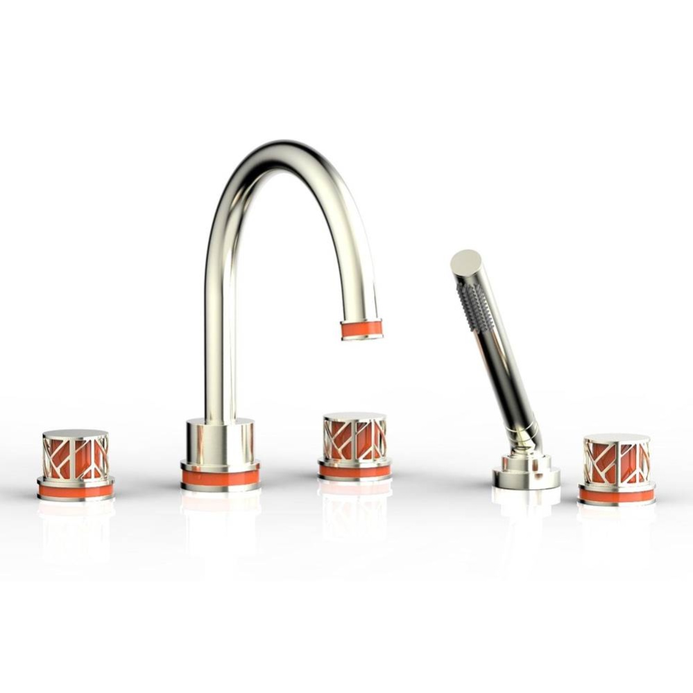 Satin Nickel Jolie 5-Hole Deck Tub Filler With Gooseneck Spout, Round Cutaway Handles, And Orange