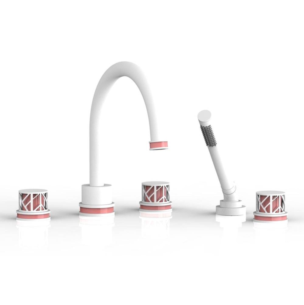 Satin White Jolie 5-Hole Deck Tub Filler With Gooseneck Spout, Round Cutaway Handles, And Pink Acc