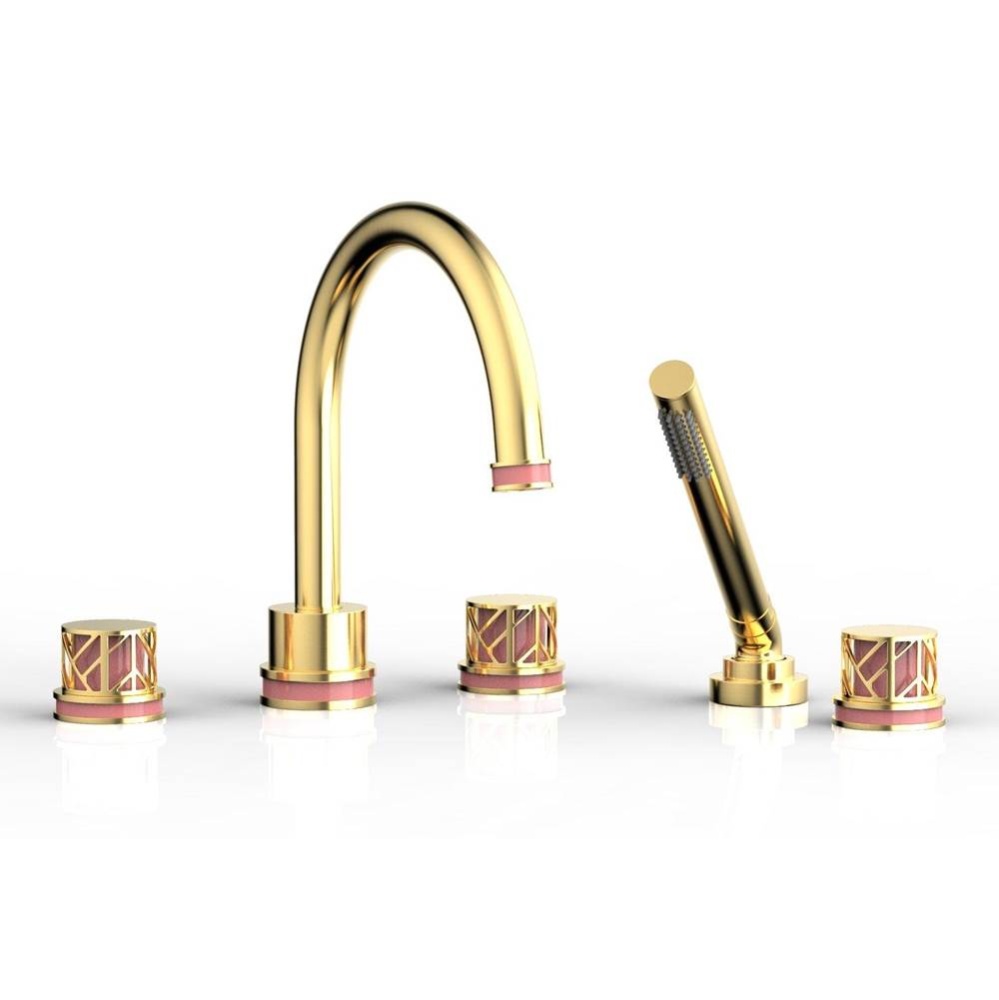 Satin Gold Jolie 5-Hole Deck Tub Filler With Gooseneck Spout, Round Cutaway Handles, And Pink Acce