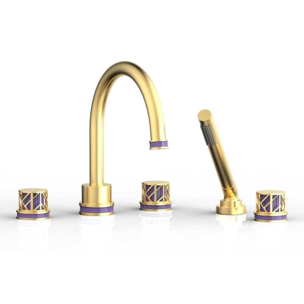Burnished Gold Jolie 5-Hole Deck Tub Filler With Gooseneck Spout, Round Cutaway Handles, And Purpl