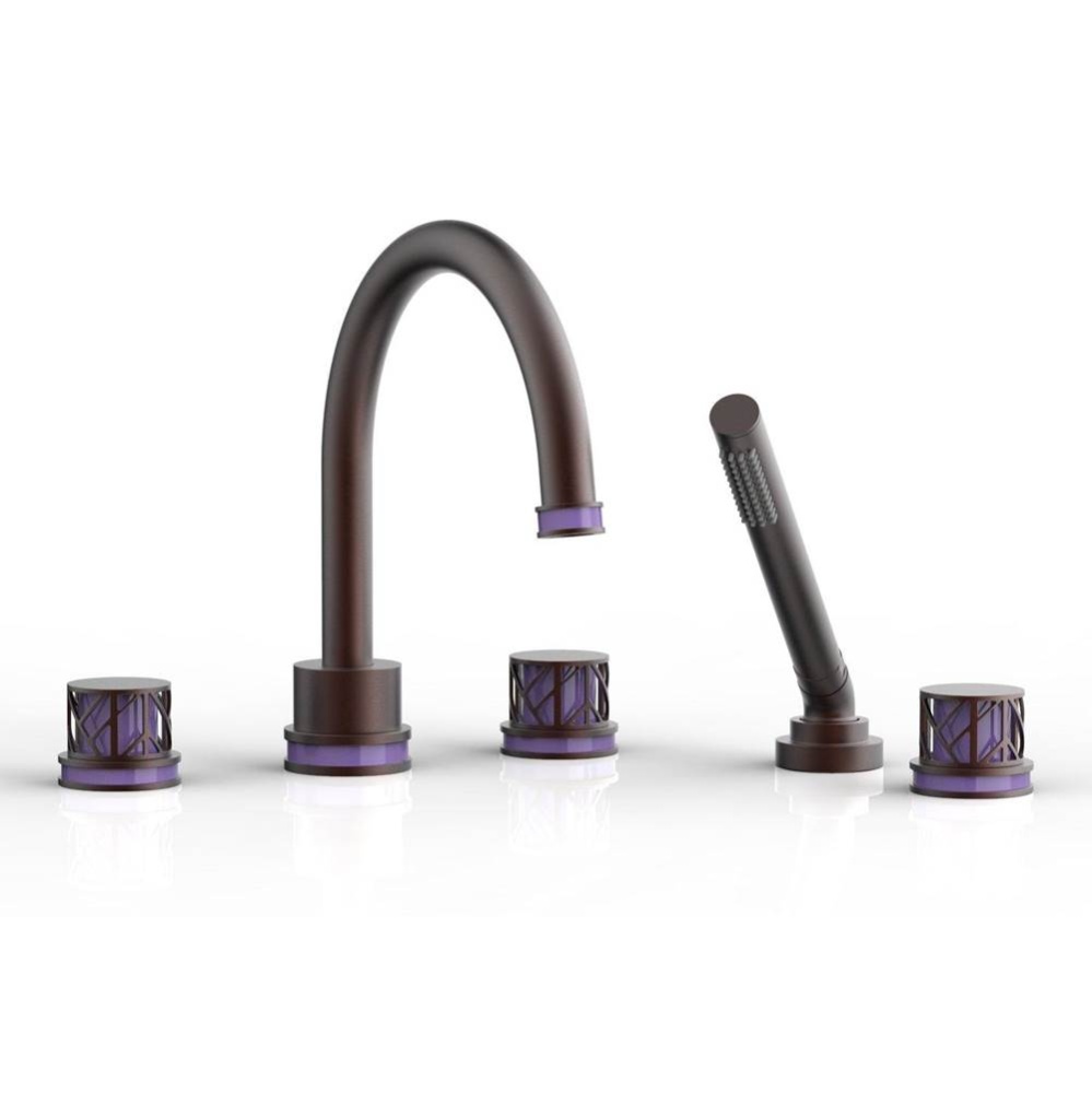 Weathered Copper Jolie 5-Hole Deck Tub Filler With Gooseneck Spout, Round Cutaway Handles, And Pur