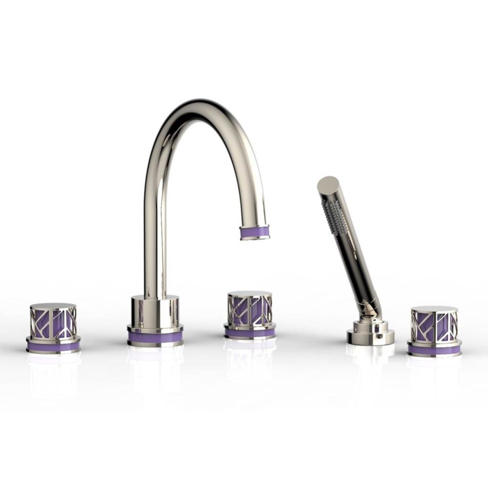 Polished Nickel Jolie 5-Hole Deck Tub Filler With Gooseneck Spout, Round Cutaway Handles, And Purp