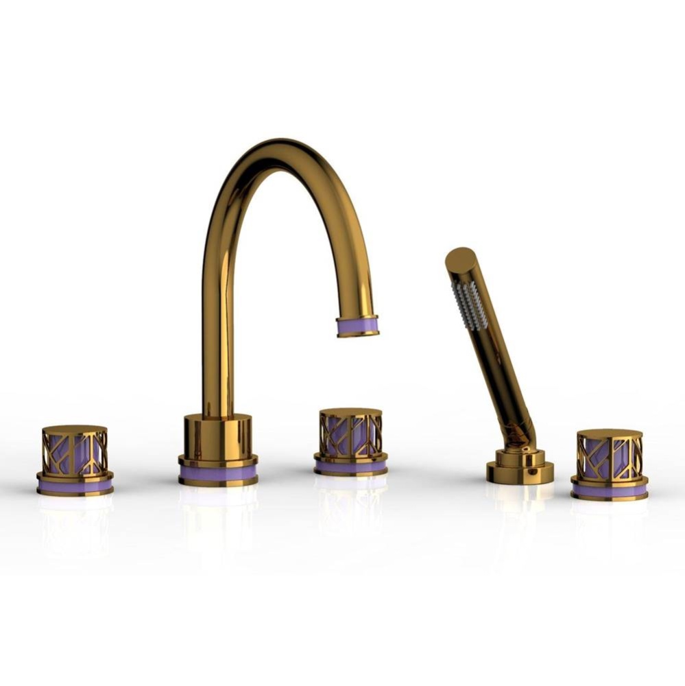 French Brass (Living Finish) Jolie 5-Hole Deck Tub Filler With Gooseneck Spout, Round Cutaway Hand