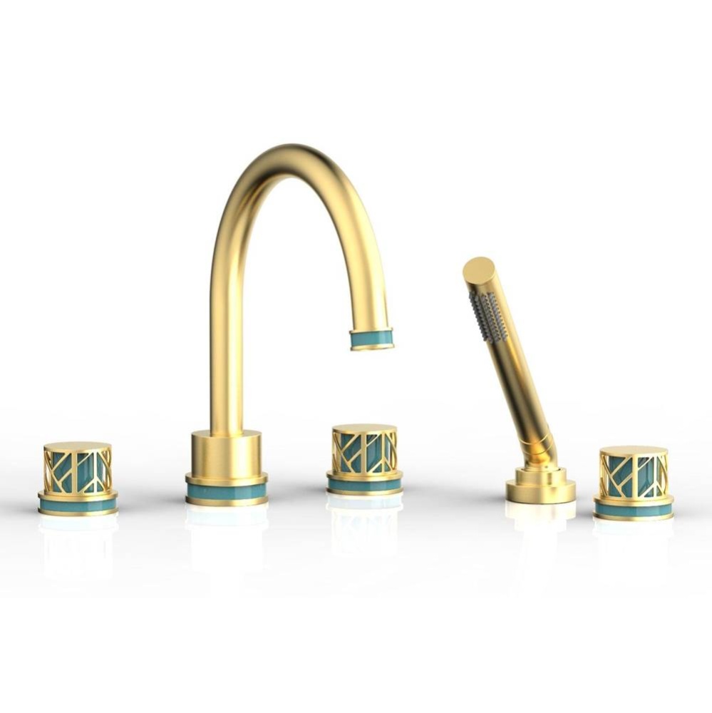 Burnished Gold Jolie 5-Hole Deck Tub Filler With Gooseneck Spout, Round Cutaway Handles, And Turqu