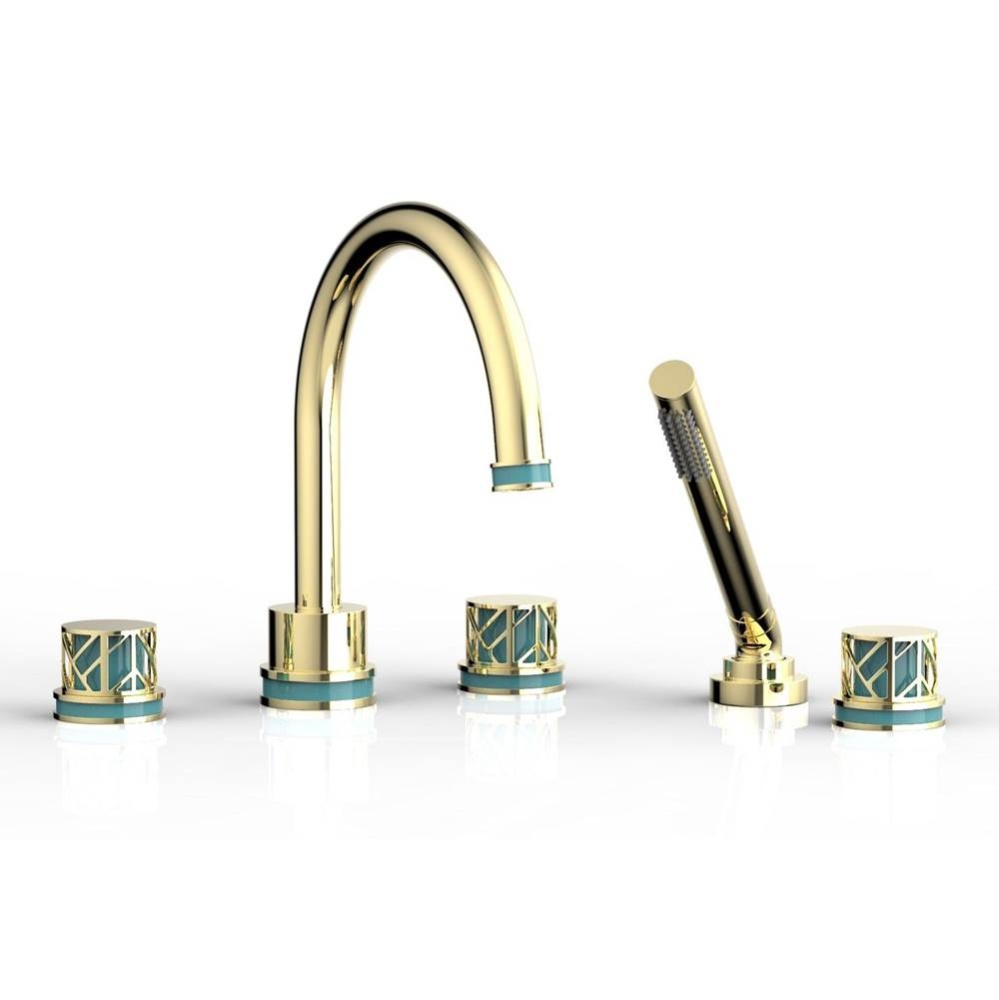 Polished Brass Jolie 5-Hole Deck Tub Filler With Gooseneck Spout, Round Cutaway Handles, And Turqu