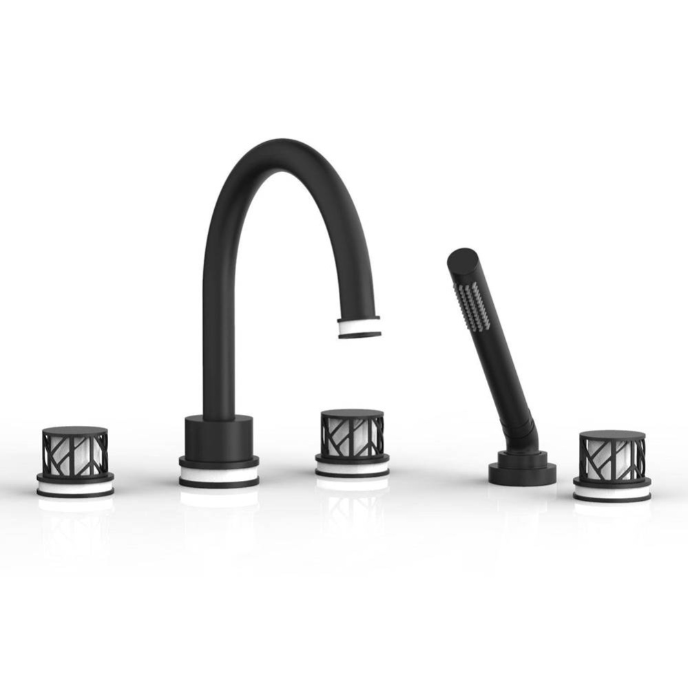 Matte Black Jolie 5-Hole Deck Tub Filler With Gooseneck Spout, Round Cutaway Handles, And Gloss Wh