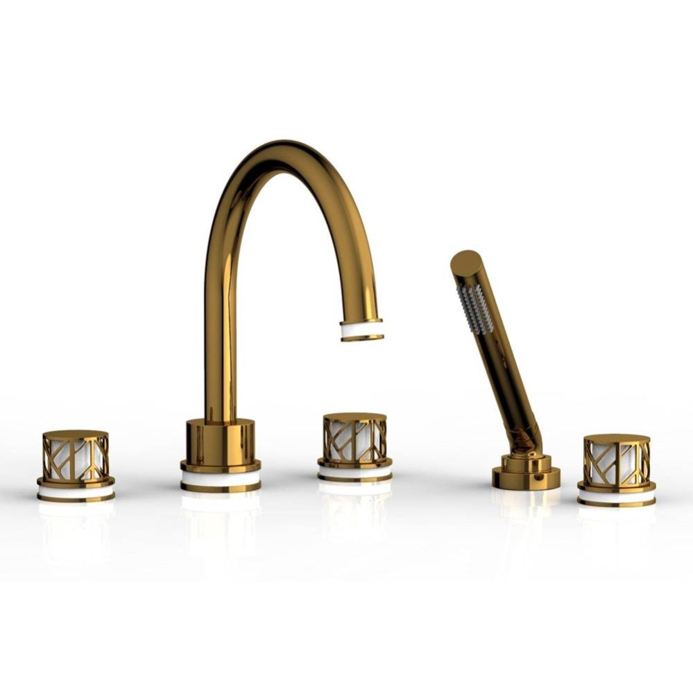 French Brass (Living Finish) Jolie 5-Hole Deck Tub Filler With Gooseneck Spout, Round Cutaway Hand