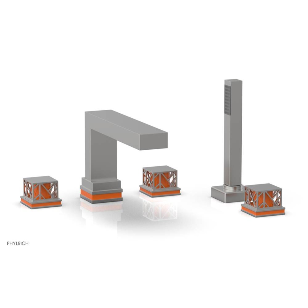 Satin Chrome Jolie 5-Hole Deck Tub Filler With Rectangular Spout, Square Cutaway Handles, And Oran