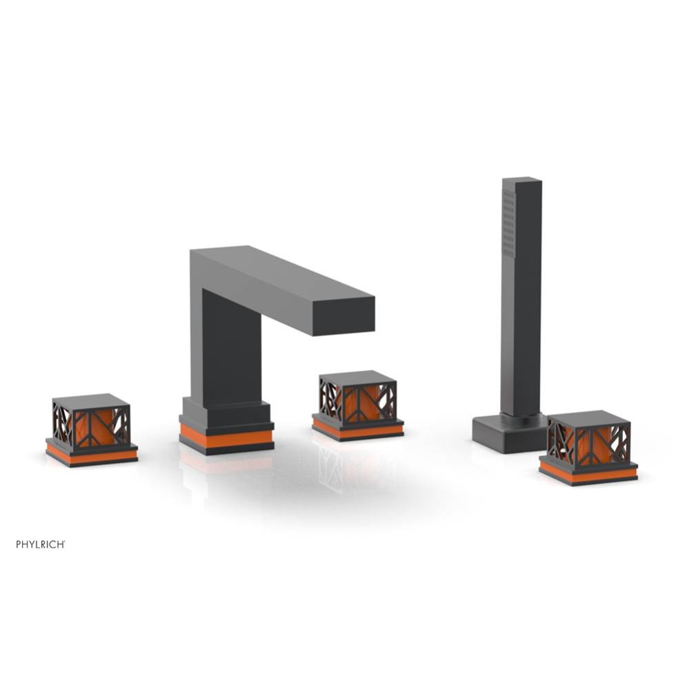 Gunmetal Gray Jolie 5-Hole Deck Tub Filler With Rectangular Spout, Square Cutaway Handles, And Ora