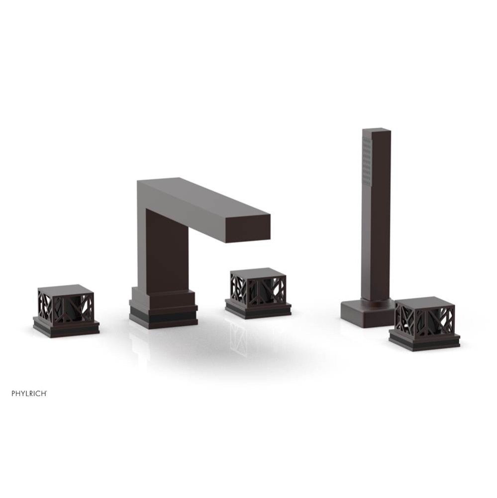 Weathered Copper Jolie 5-Hole Deck Tub Filler With Rectangular Spout, Square Cutaway Handles, And