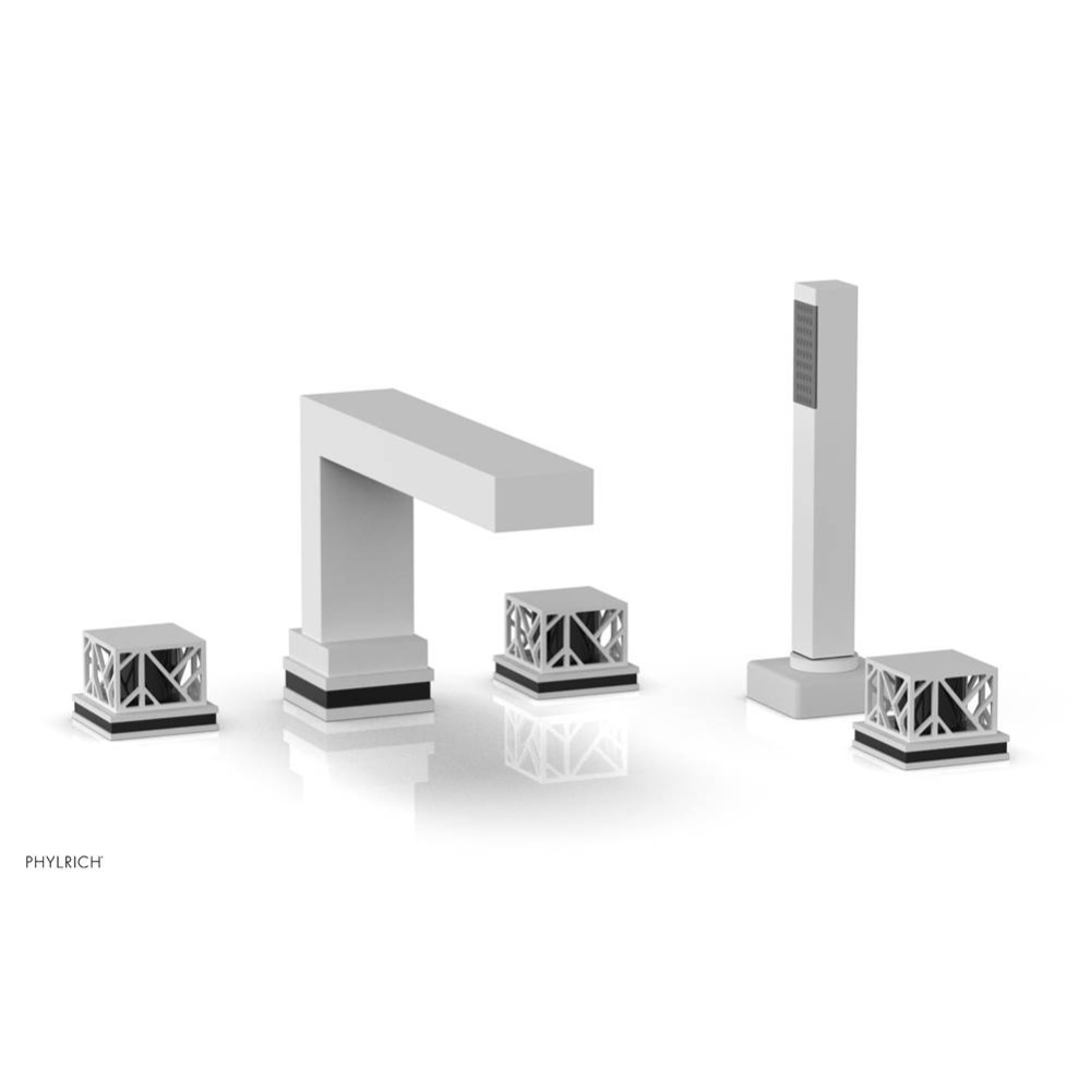 Satin White Jolie 5-Hole Deck Tub Filler With Rectangular Spout, Square Cutaway Handles, And Black