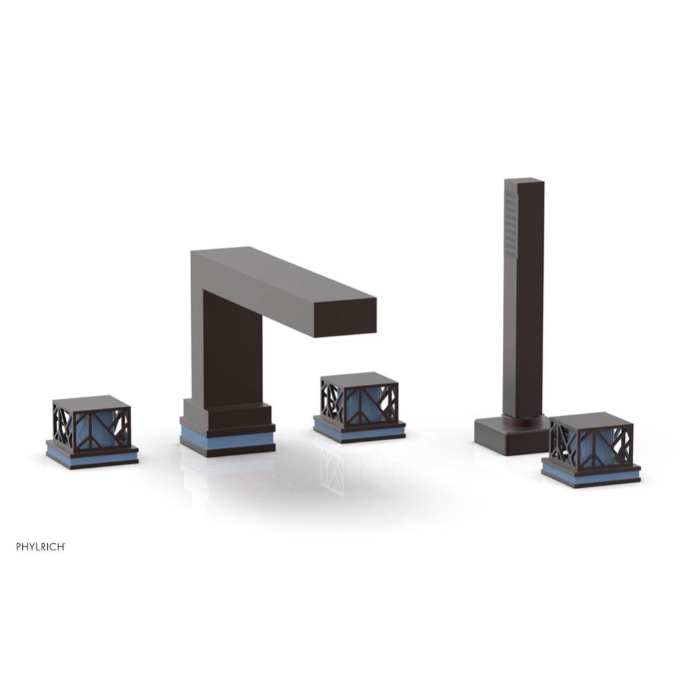 Weathered Copper Jolie 5-Hole Deck Tub Filler With Rectangular Spout, Square Cutaway Handles, And