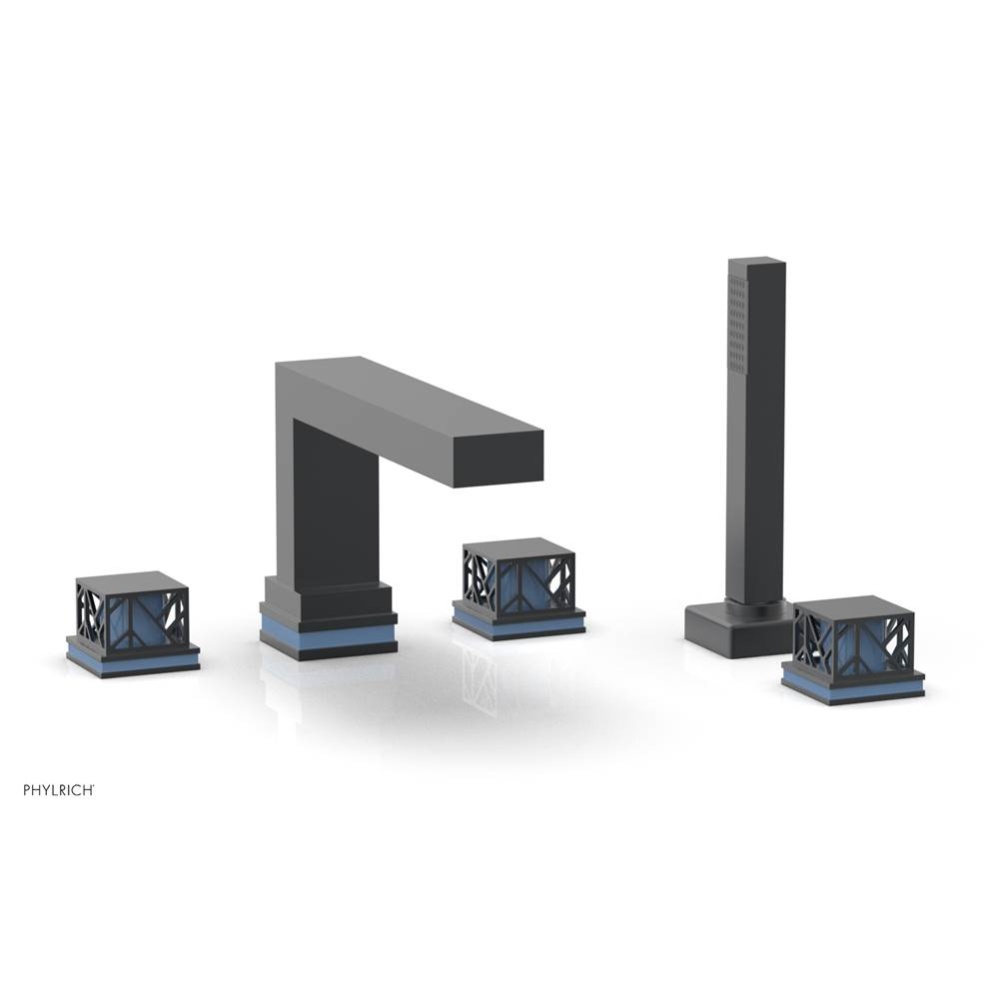 Gunmetal Gray Jolie 5-Hole Deck Tub Filler With Rectangular Spout, Square Cutaway Handles, And Lig