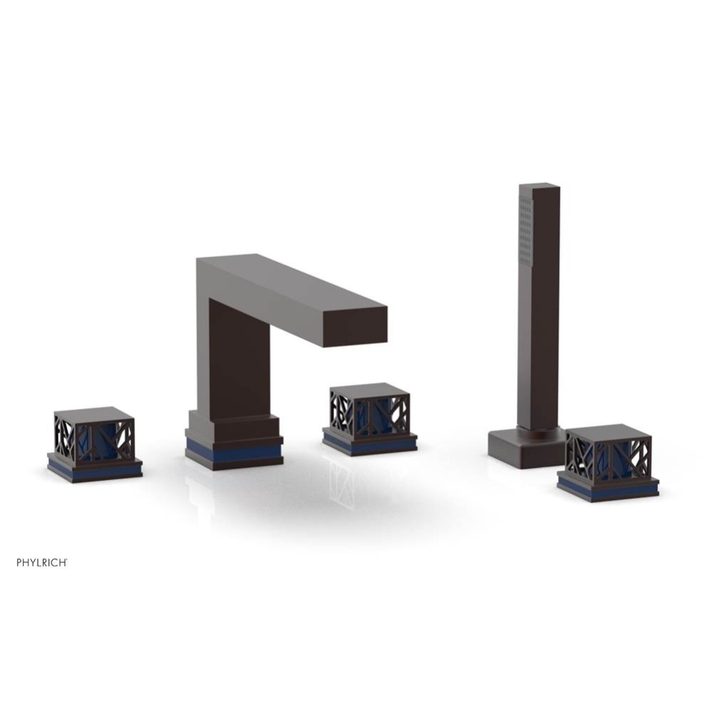 Weathered Copper Jolie 5-Hole Deck Tub Filler With Rectangular Spout, Square Cutaway Handles, And