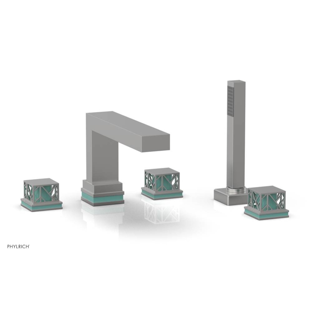 Satin Chrome Jolie 5-Hole Deck Tub Filler With Rectangular Spout, Square Cutaway Handles, And Turq