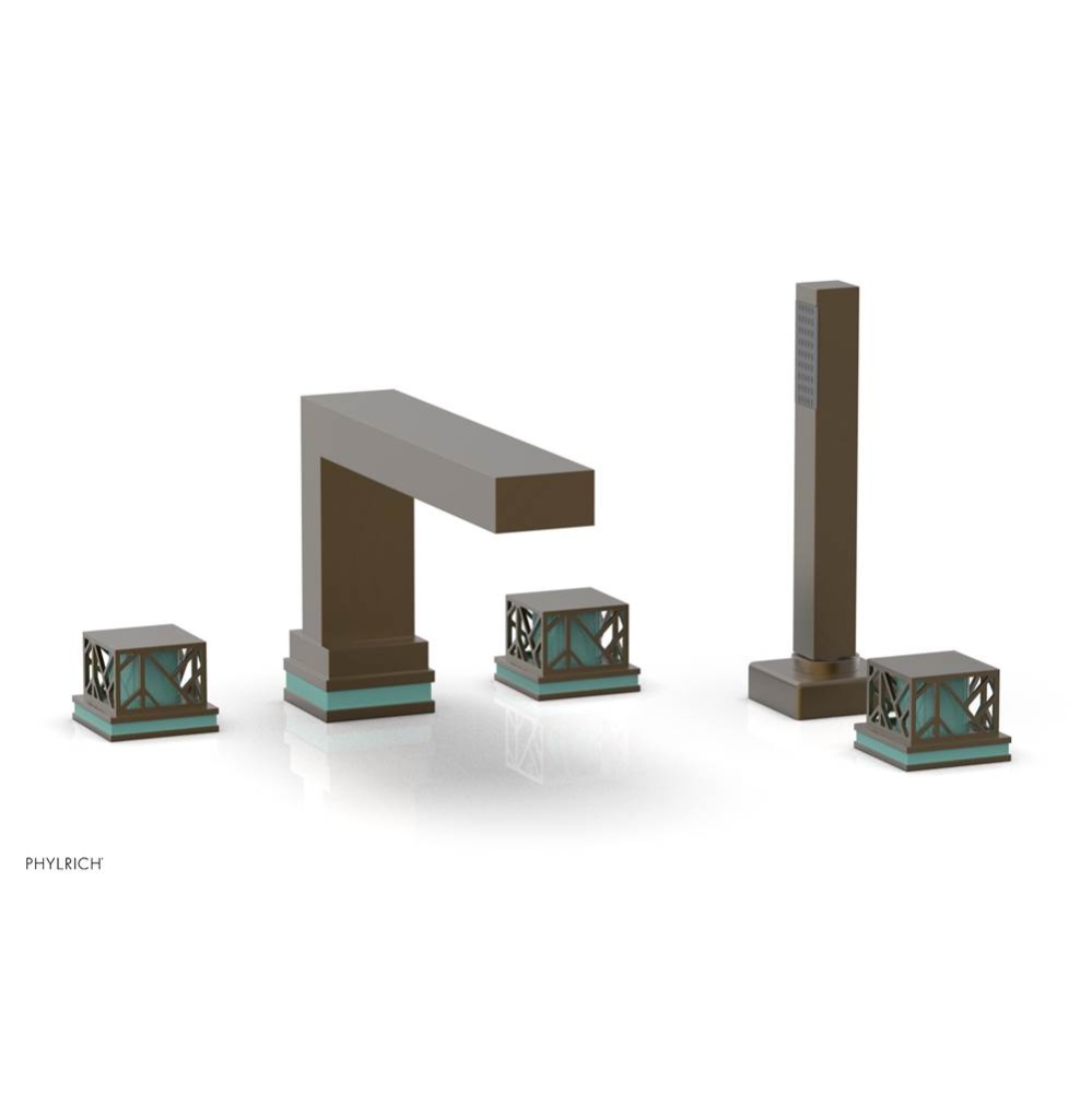 Old English Brass Jolie 5-Hole Deck Tub Filler With Rectangular Spout, Square Cutaway Handles, And