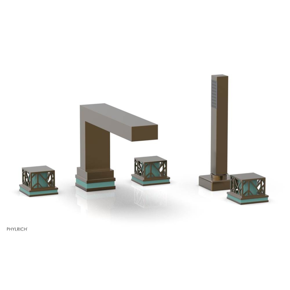 Antique Brass Jolie 5-Hole Deck Tub Filler With Rectangular Spout, Square Cutaway Handles, And Tur