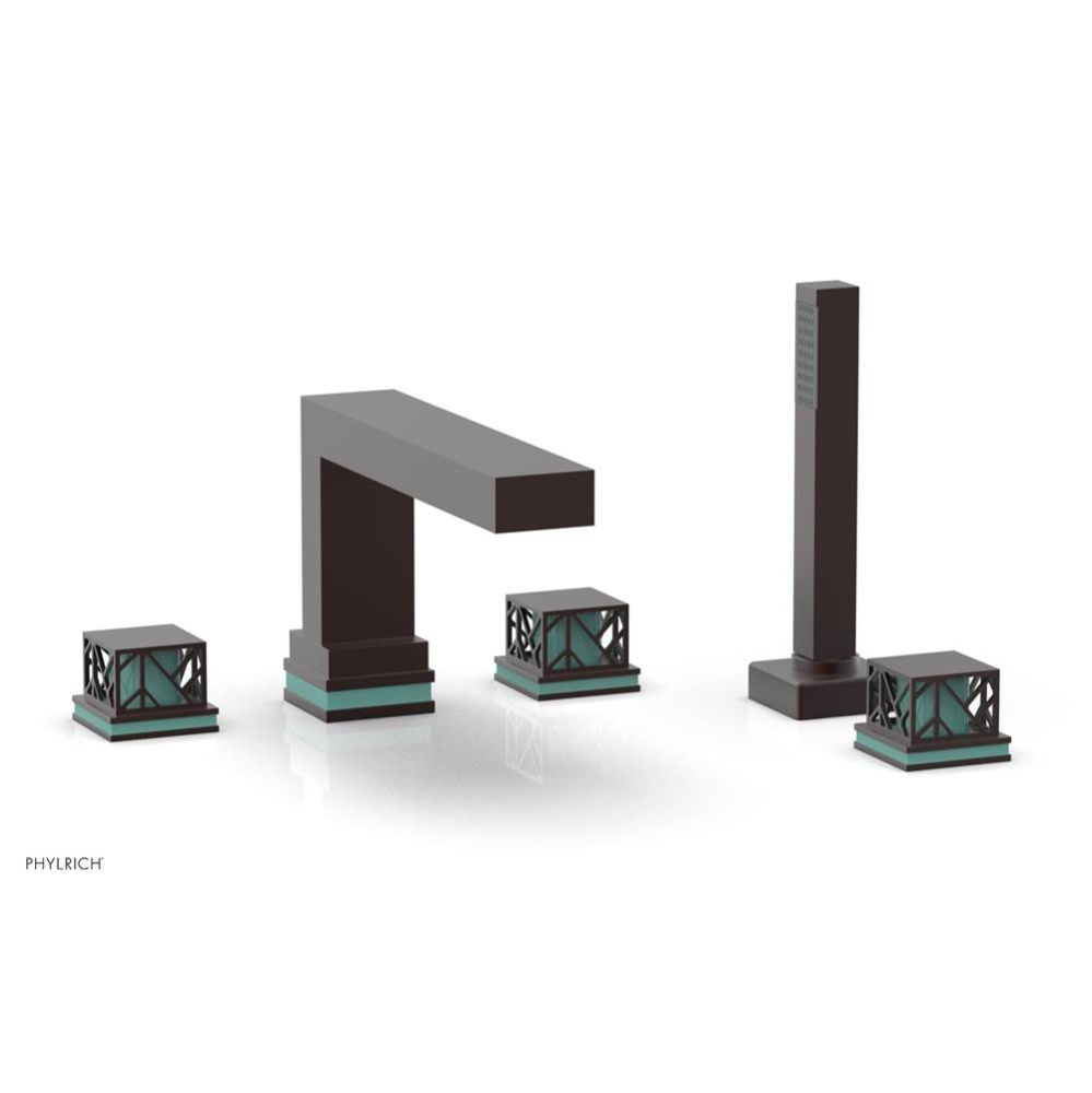 Weathered Copper Jolie 5-Hole Deck Tub Filler With Rectangular Spout, Square Cutaway Handles, And