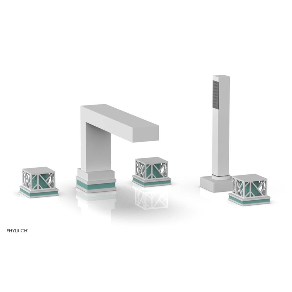 Satin White Jolie 5-Hole Deck Tub Filler With Rectangular Spout, Square Cutaway Handles, And Turqu