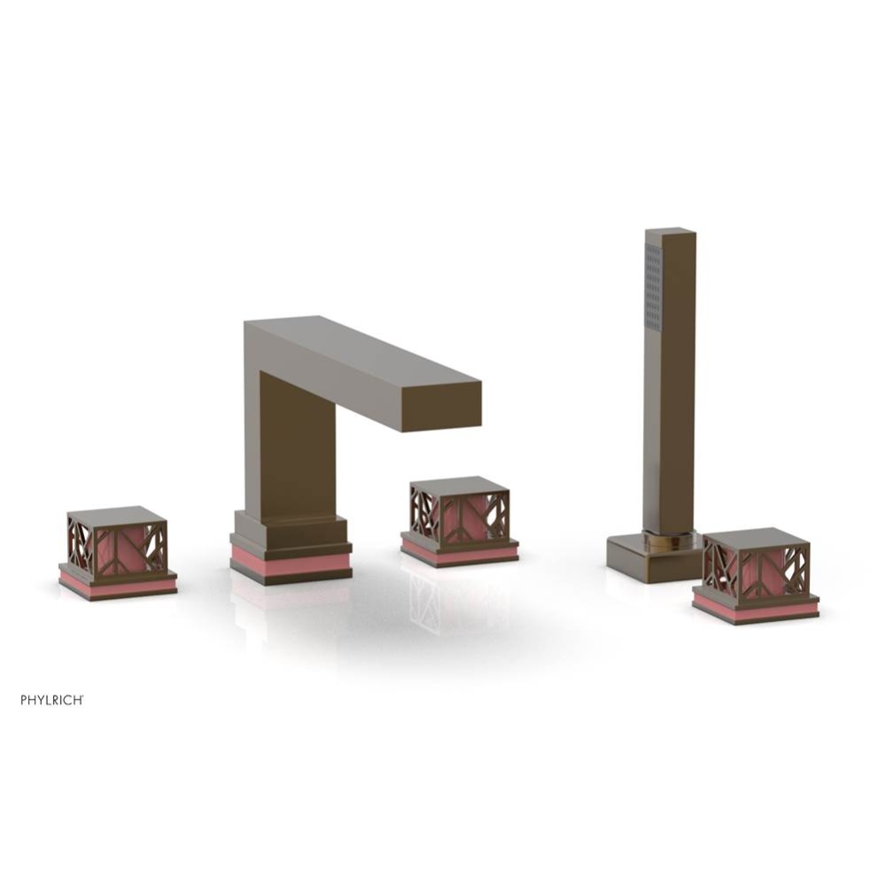 Antique Brass Jolie 5-Hole Deck Tub Filler With Rectangular Spout, Square Cutaway Handles, And Pin