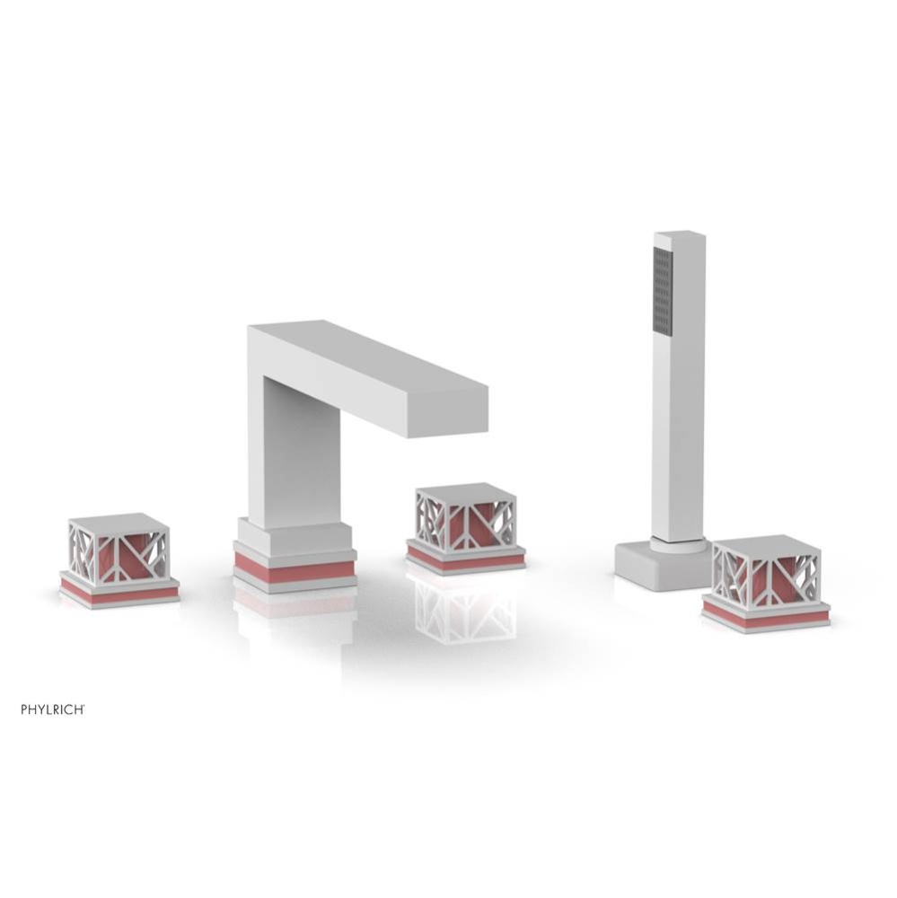 Satin White Jolie 5-Hole Deck Tub Filler With Rectangular Spout, Square Cutaway Handles, And Pink