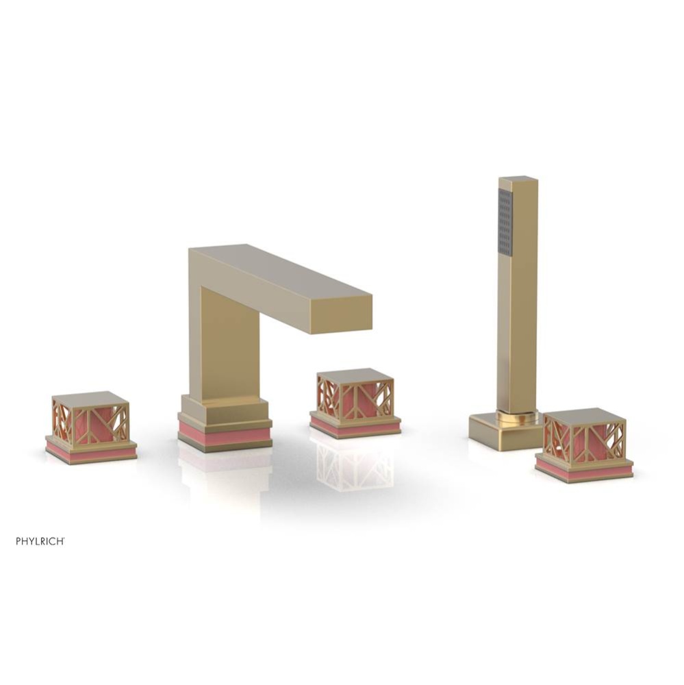 Satin Brass Jolie 5-Hole Deck Tub Filler With Rectangular Spout, Square Cutaway Handles, And Pink