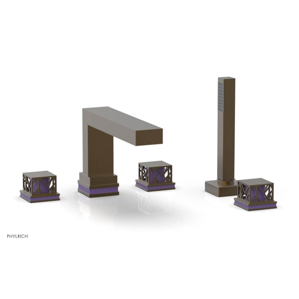 Old English Brass Jolie 5-Hole Deck Tub Filler With Rectangular Spout, Square Cutaway Handles, And