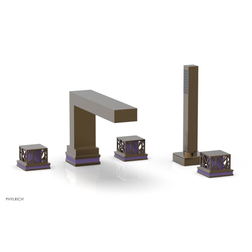 Antique Brass Jolie 5-Hole Deck Tub Filler With Rectangular Spout, Square Cutaway Handles, And Pur