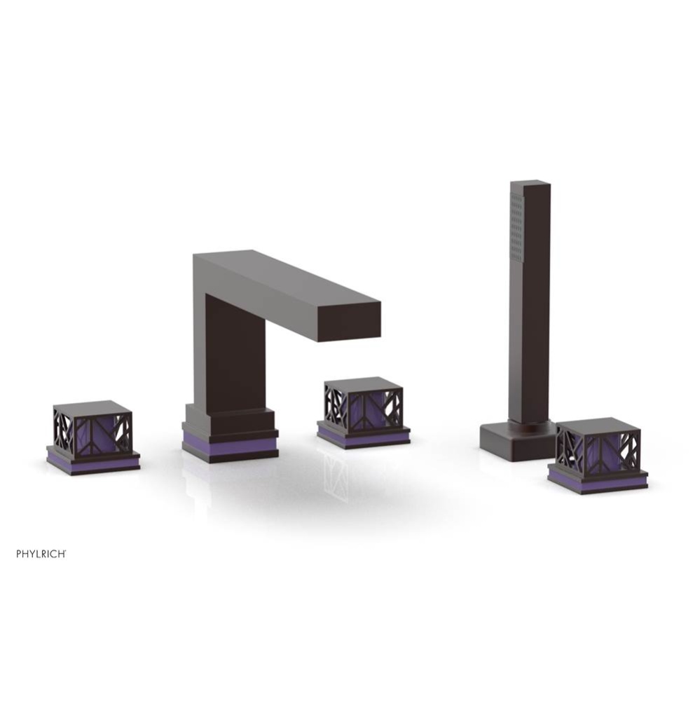 Weathered Copper Jolie 5-Hole Deck Tub Filler With Rectangular Spout, Square Cutaway Handles, And