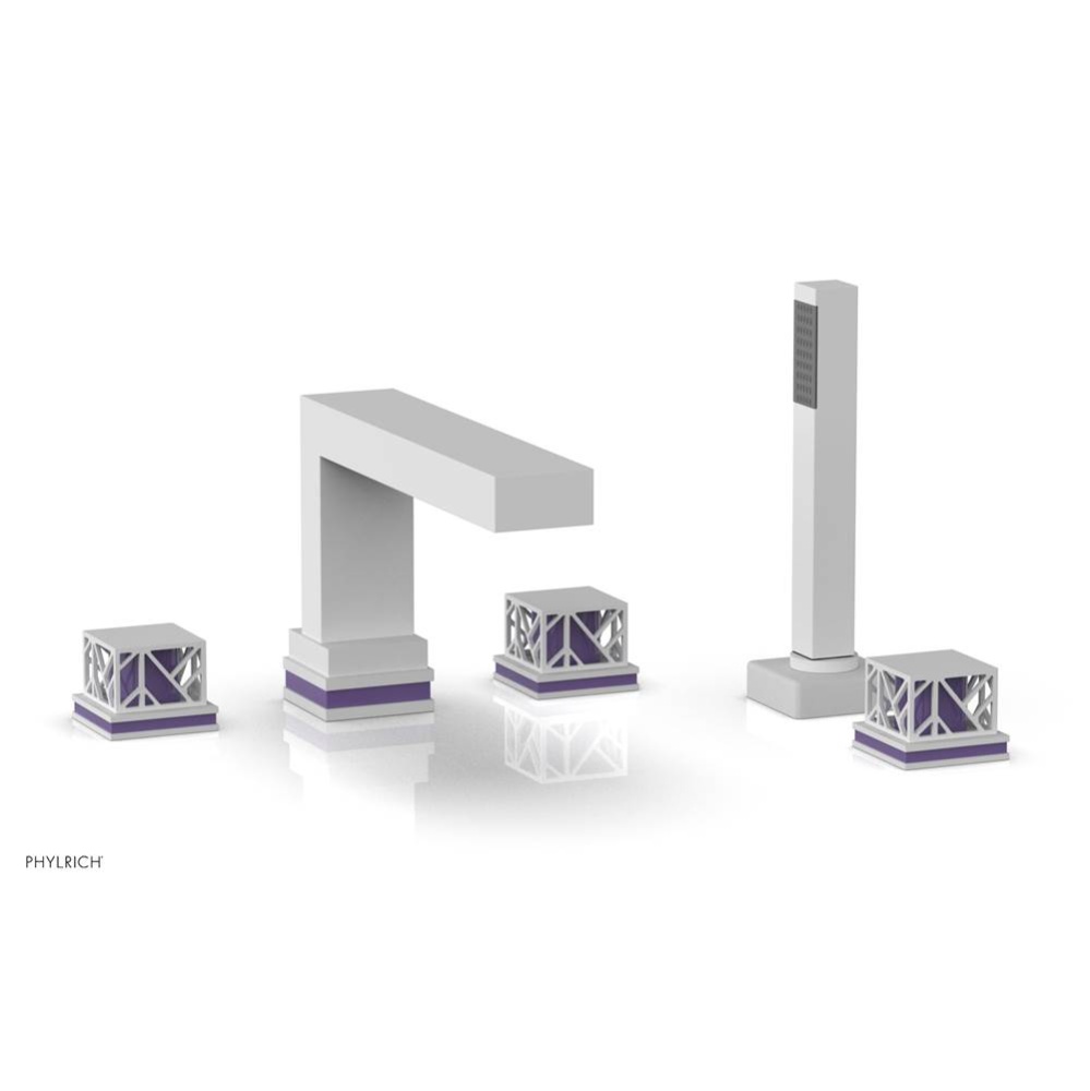 Satin White Jolie 5-Hole Deck Tub Filler With Rectangular Spout, Square Cutaway Handles, And Purpl