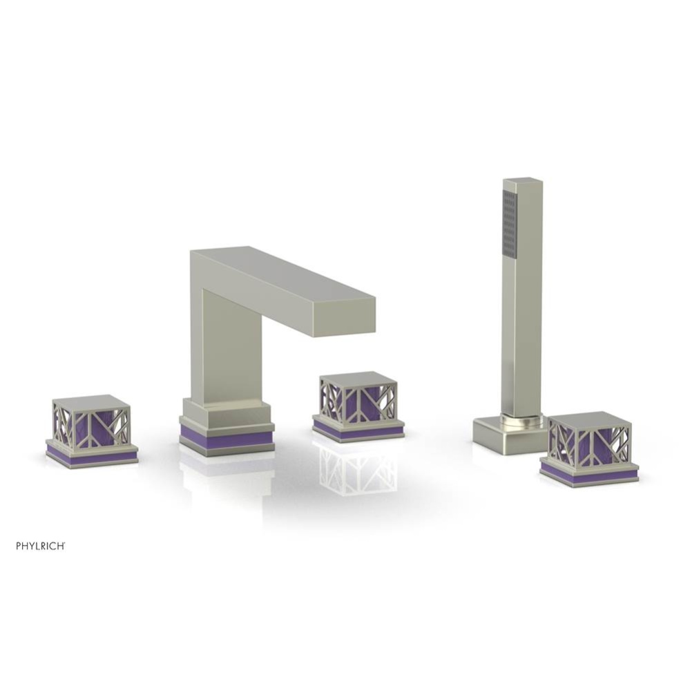 Satin Nickel Jolie 5-Hole Deck Tub Filler With Rectangular Spout, Square Cutaway Handles, And Purp