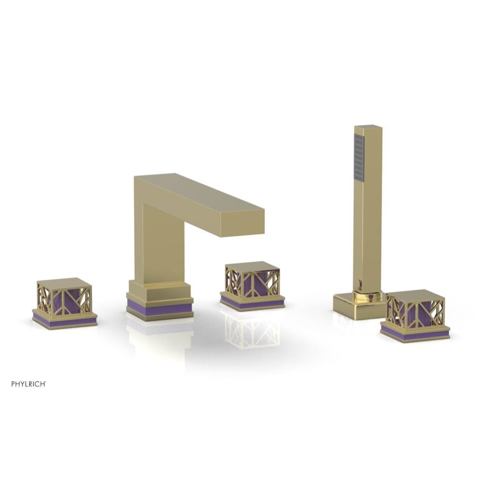 Polished Brass Jolie 5-Hole Deck Tub Filler With Rectangular Spout, Square Cutaway Handles, And Pu