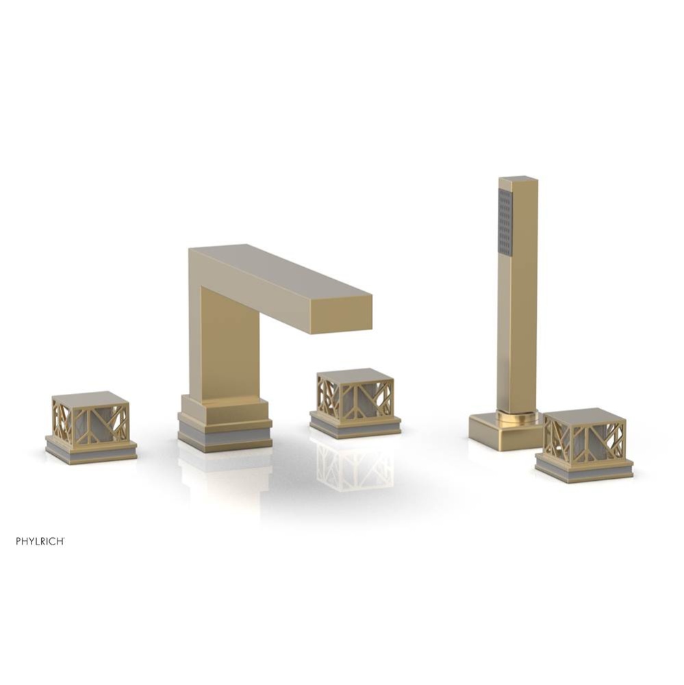 Satin Brass Jolie 5-Hole Deck Tub Filler With Rectangular Spout, Square Cutaway Handles, And Grey