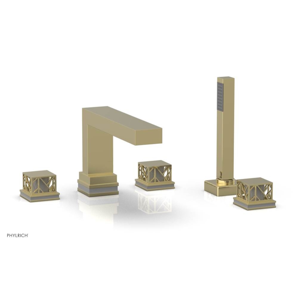 Polished Brass Jolie 5-Hole Deck Tub Filler With Rectangular Spout, Square Cutaway Handles, And Gr