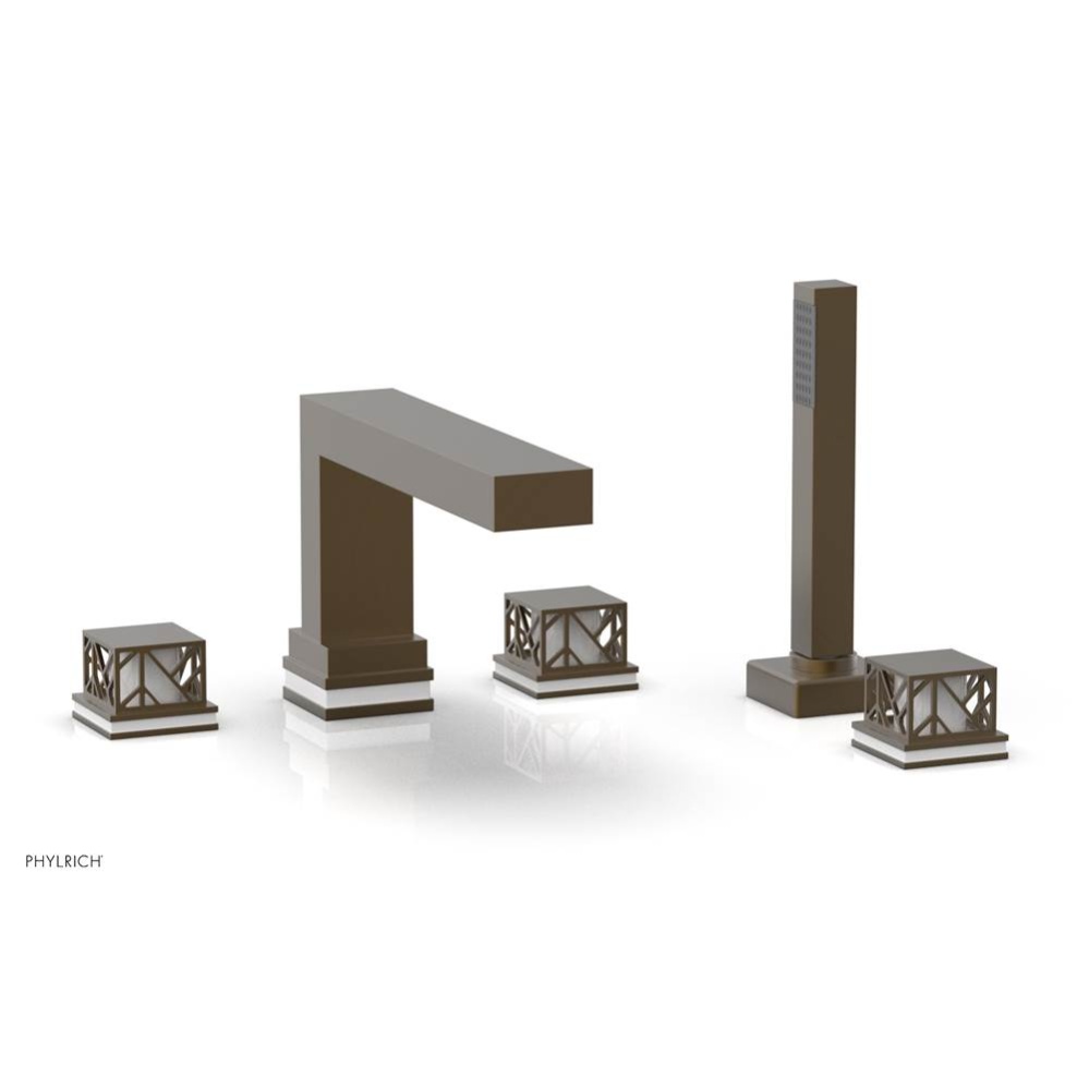 Old English Brass Jolie 5-Hole Deck Tub Filler With Rectangular Spout, Square Cutaway Handles, And