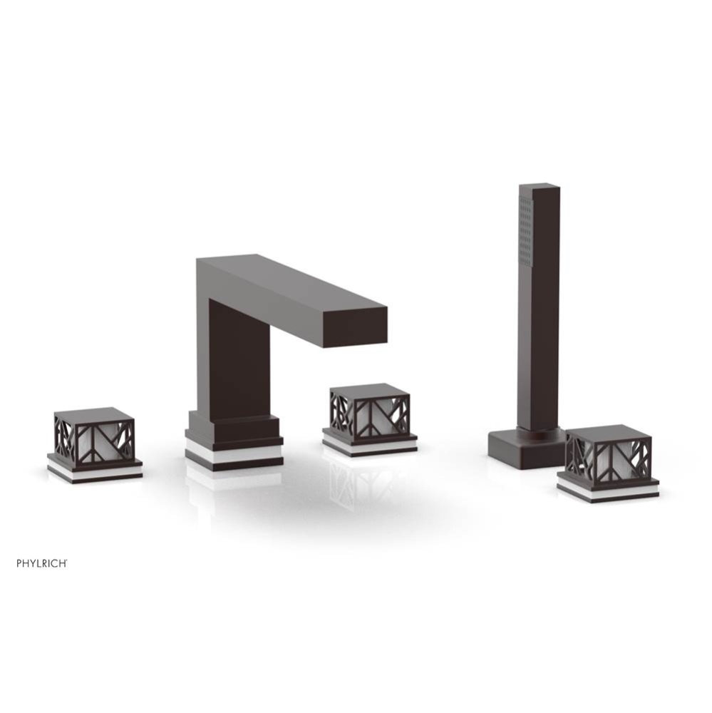 Weathered Copper Jolie 5-Hole Deck Tub Filler With Rectangular Spout, Square Cutaway Handles, And