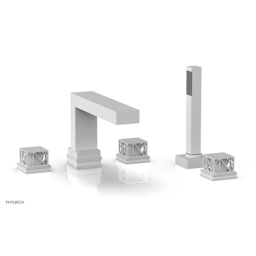 Satin White Jolie 5-Hole Deck Tub Filler With Rectangular Spout, Square Cutaway Handles, And Gloss